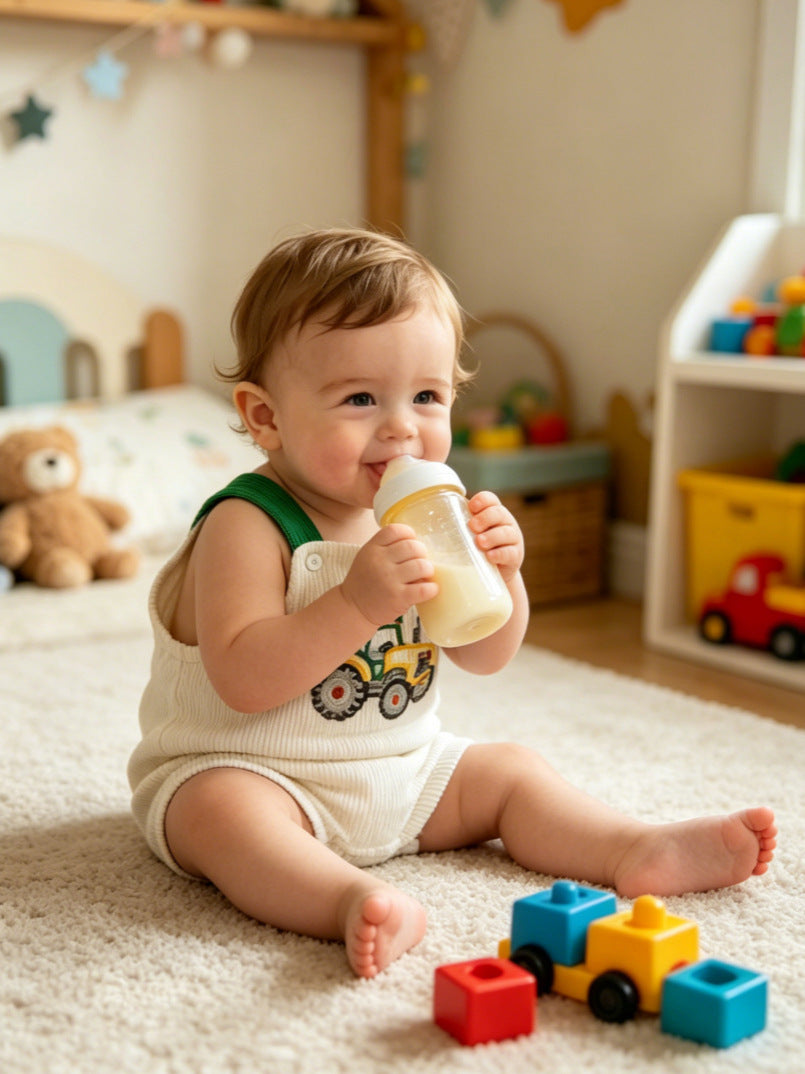 Wholesale 0-18M Baby Boys Tractor Embroidery Suspender Bubble Romper, Soft Vertical Rib Knit Sleeveless Overalls Bodysuit