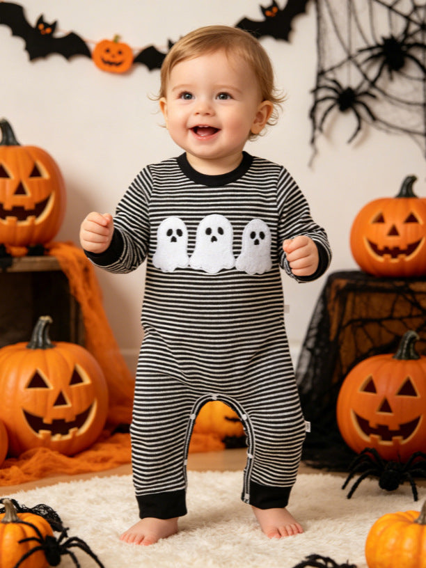Wholesale 6M-4T Boys Striped Half Zip Polo Sweatshirt, Soft Knit Halloween Ghost Pumpkin Towel Embroidery Long Sleeve Top