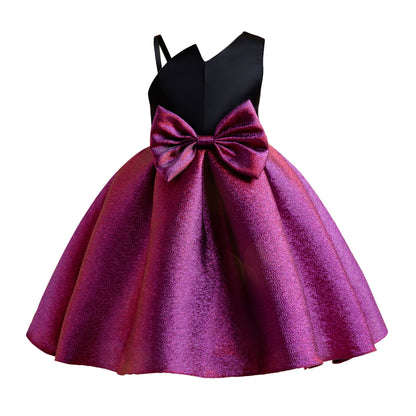Wholesale 2-10Y Girls Asymmetrical Spaghetti Strap Big Bow Color Block Woven Princess Dress, Kids Birthday Party Soft Shimmer Woven Formal Gown