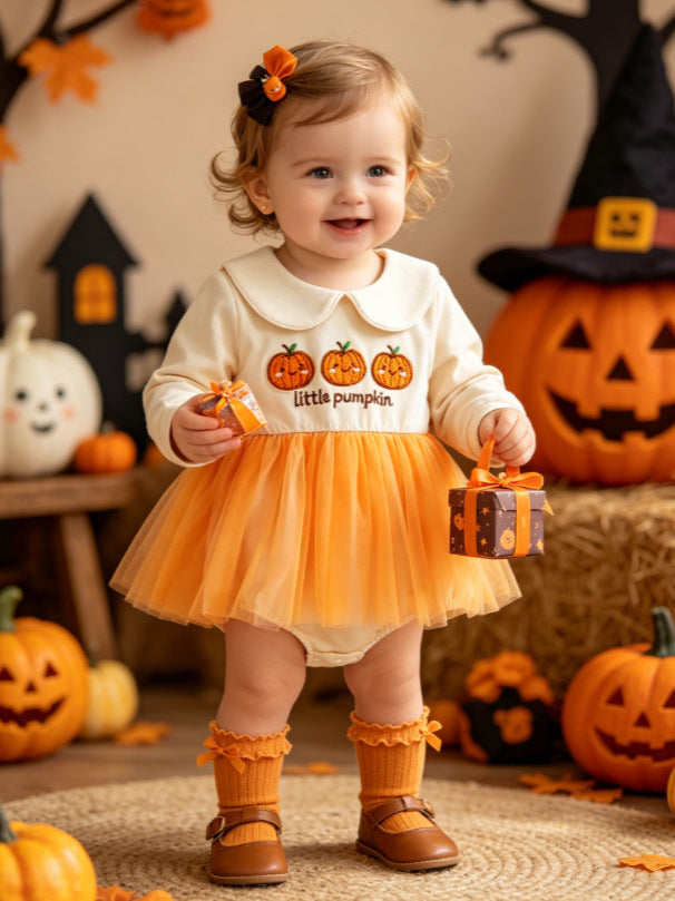 Wholesale 0-18M Baby Girls Halloween Peter Pan Collar Tulle Tutu Romper, Soft Cotton Knit Embroidery Long Sleeve Skirted Bodysuit