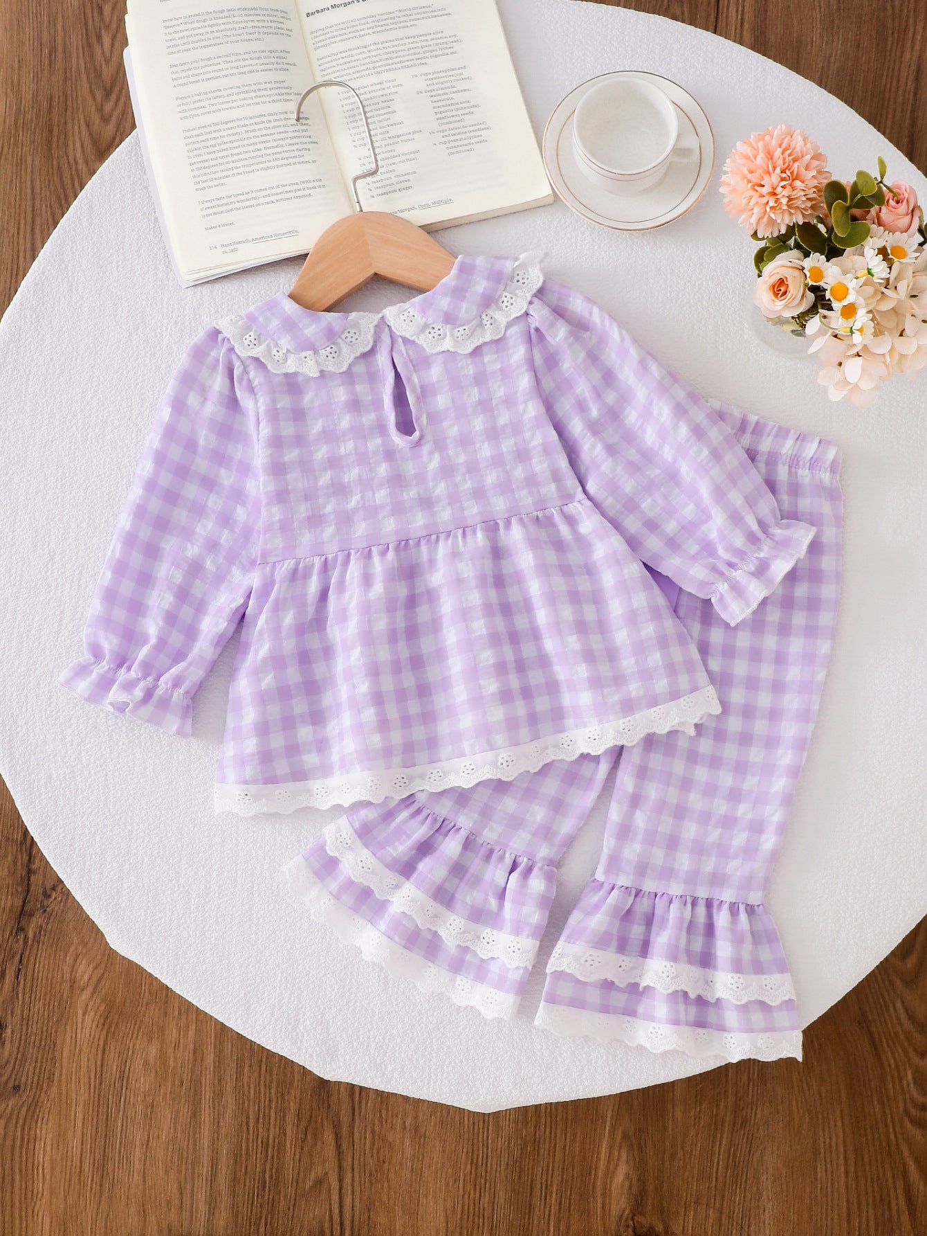 Wholesale 6M-4T Girls 2Pcs Gingham Lace Bow Long Sleeve Pajama Set, Kids Soft Woven Plaid Sweet Loungewear Outfit