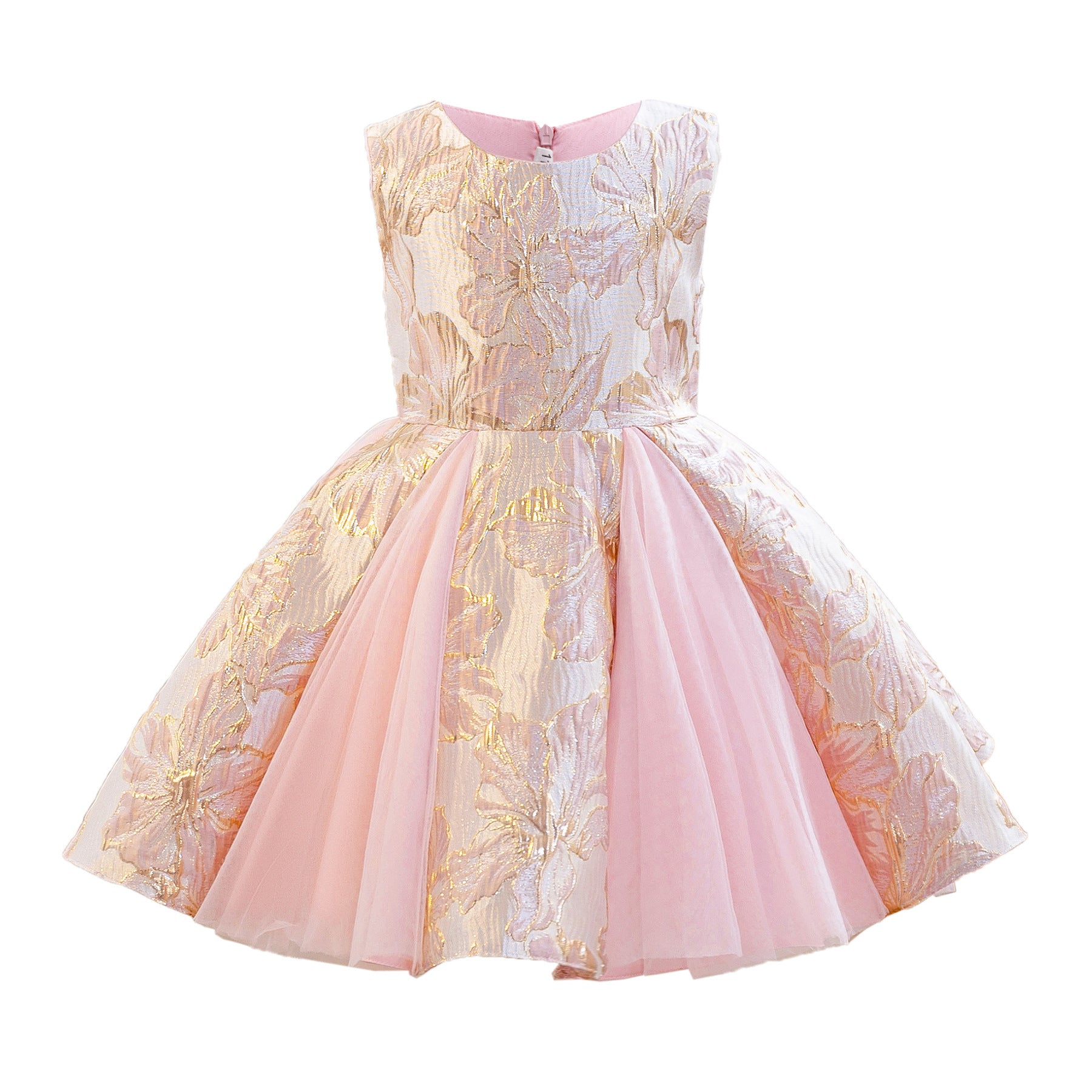 Wholesale 2-10Y Girls Sleeveless Gold Floral Jacquard Tulle Princess Dress, Kids Birthday Party Soft Woven Formal Gown