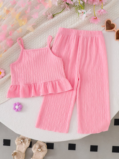 Wholesale 6M-4T Girls 2Pcs 3D Flower Mesh Cami Top Wide Leg Pants Outfit Set, Kids Soft Crinkle Fabric Summer Casual Two Piece Set