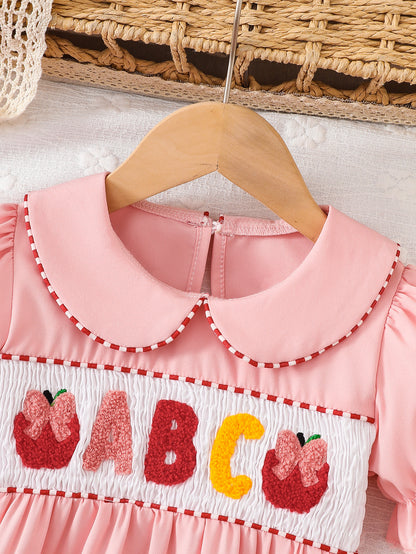 Wholesale 2-7Y Girls Peter Pan Collar ABC Apple Towel Embroidery Woven Dress, Kids Soft Waffle Smocked Back To School Casual Dress