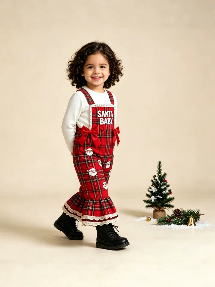 Wholesale 12M-5Y Girls Christmas Plaid Suspender Overalls, Soft Woven Candy Cane Santa Patch Flare Leg Bow Jumpsuit