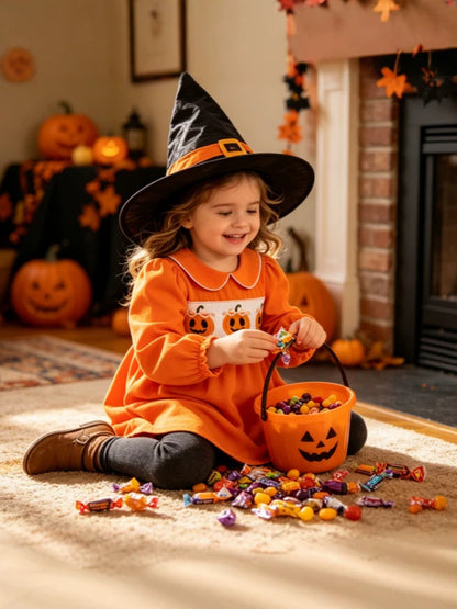 Wholesale 18M-6Y Girls Peter Pan Collar Halloween Smocked Embroidery Woven Dress, Kids Soft Long Sleeve Halloween Casual Dress