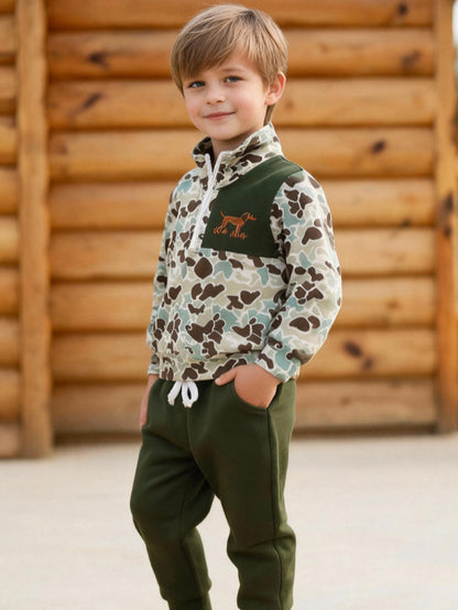 Wholesale 6M-4T Boys 2Pcs Camo Dog Embroidery Half Zip Sweatshirt Outfit Set, Soft Cotton Knit Hunting Style Toddler Top & Jogger Pants