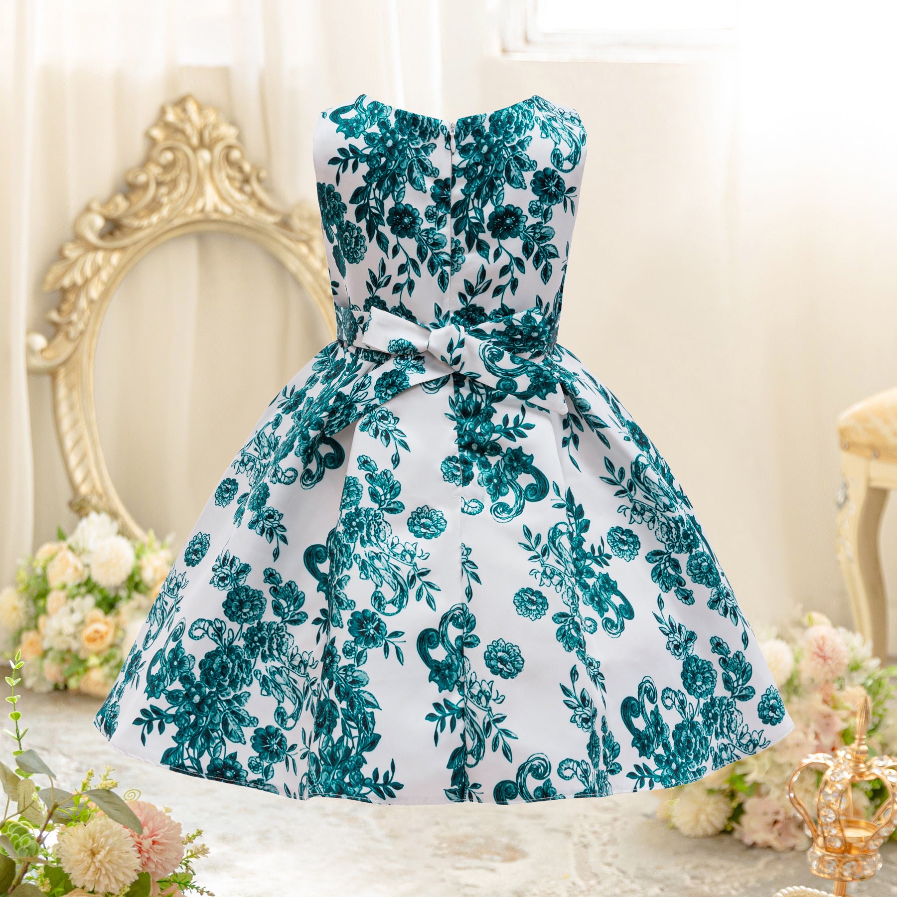 Wholesale 2-10Y Girls Sleeveless Green Floral Print Woven Princess Dress, Kids Birthday Party Satin Bow Soft Fabric Formal Gown