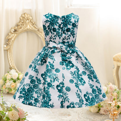 Wholesale 2-10Y Girls Sleeveless Green Floral Print Woven Princess Dress, Kids Birthday Party Satin Bow Soft Fabric Formal Gown