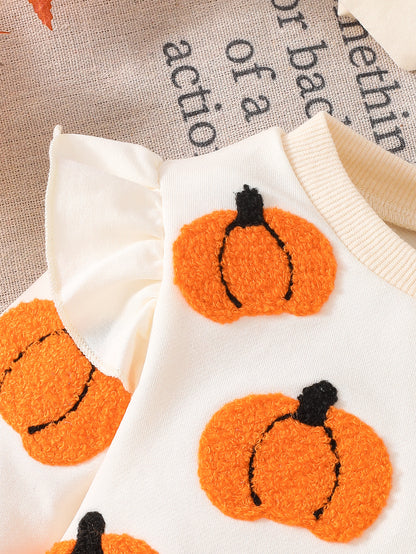 Wholesale 0-18M Baby Girls 2Pcs Ruffle Sleeve Halloween Towel Embroidery Bodysuit Set, Soft Knit Ghost Pumpkin Romper With Bow Headband