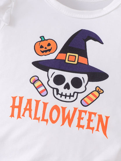 Wholesale 0-18M Baby Girls 3Pcs Ruffle Sleeve Halloween Print Bodysuit Outfit Set, Soft Cotton Knit Pumpkin Skull Ghost Long Sleeve Romper Pants With Bow Headband