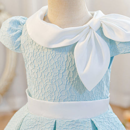 Wholesale 2-10Y Girls Puff Sleeve Peter Pan Bow Embossed Woven Princess Dress, Kids Birthday Party Soft Textured Formal Gown