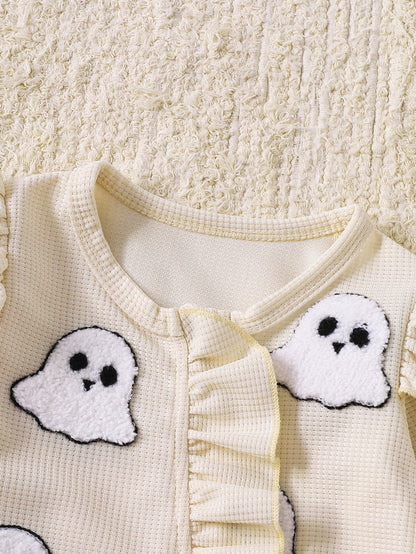 Wholesale 0-18M Baby Girls 2Pcs Ruffle Zipper Halloween Towel Embroidery Jumpsuit Set, Soft Waffle Knit Pumpkin Ghost Romper With Bow Headband