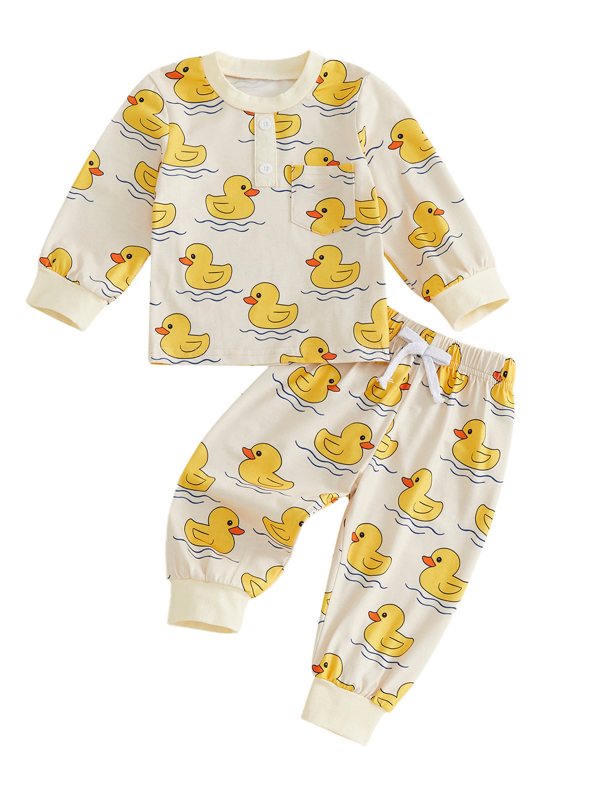 Wholesale 6M-4T Kids 2Pcs Cartoon Print Long Sleeve Pajama Set, Soft Cotton Knit Casual Toddler Top & Jogger Pants Loungewear