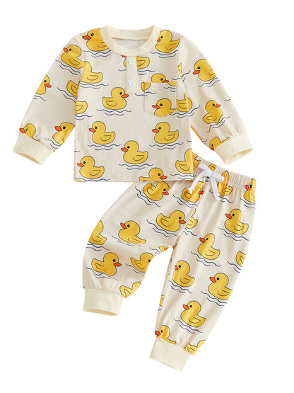 Wholesale 6M-4T Kids 2Pcs Cartoon Print Long Sleeve Pajama Set, Soft Cotton Knit Casual Toddler Top & Jogger Pants Loungewear