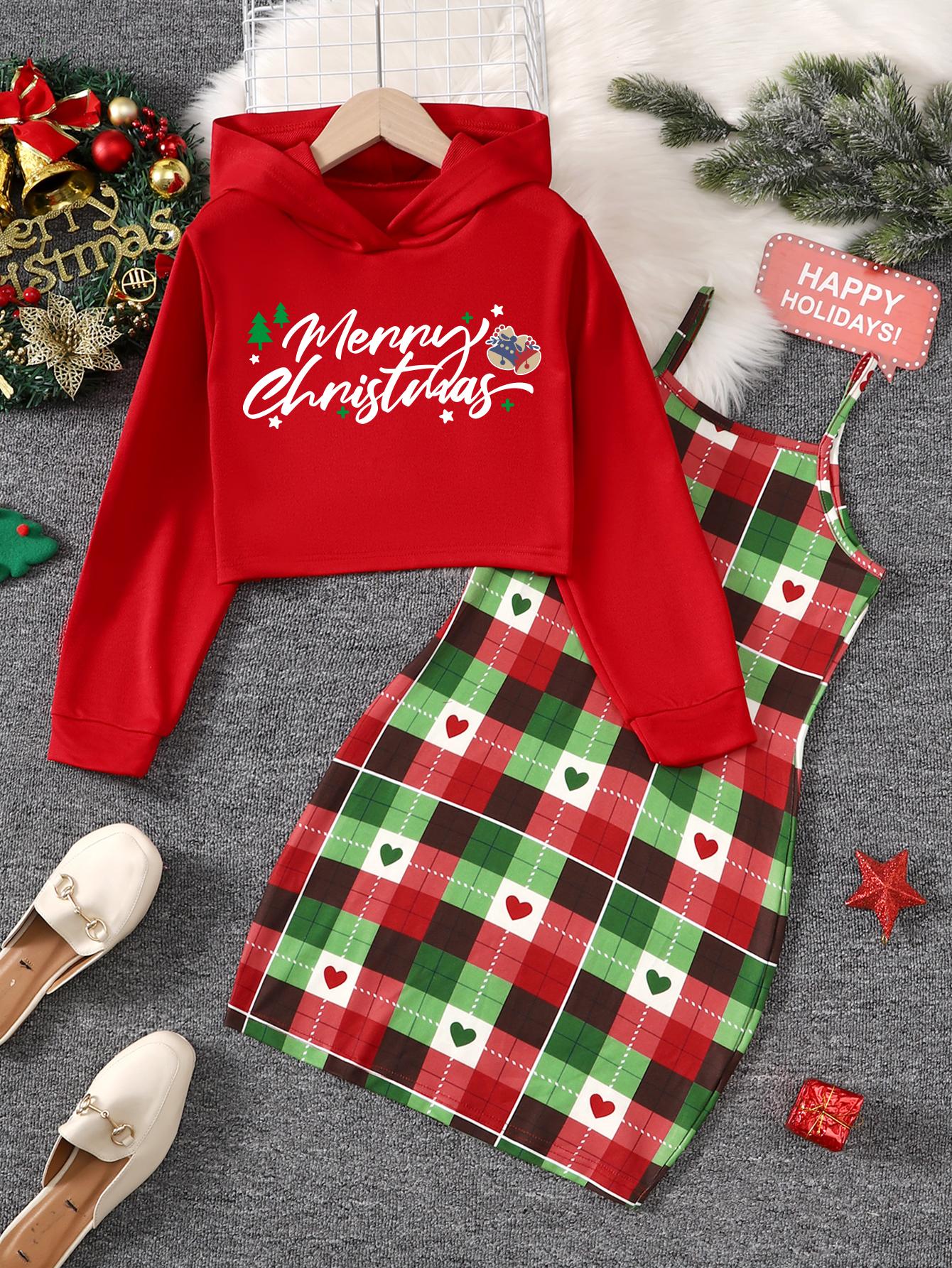 8-14Y  Kids Girls Christmas Outfits Straps Plaid Print Dress Long Sleeve Sweater Hoodies 2Pcs Nice Apparel Clothes Set Red Catpapa 462307023