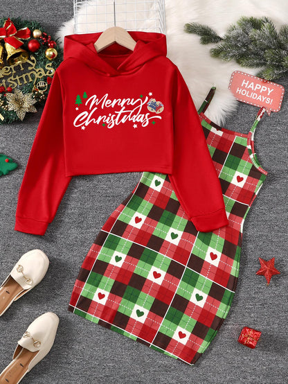 8-14Y  Ready Stock Kids Girls Christmas Outfits Straps Plaid Print Dress Print Letter Graphics Long Sleeve Sweater Hoodies 2Pcs Nice Apparel Clothes Set Red Catpapa 462307023