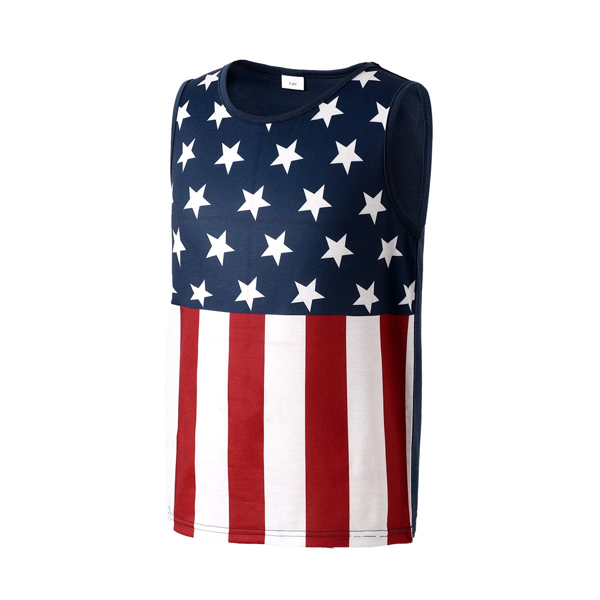 7-15Y Ready Stock 2pcs Independence Day Flag Print Boys Creative Tank Tops, Casual Crew Neck Sleeveless Fitness Vest, Boys Clothes For Summer Catpapa 462312030