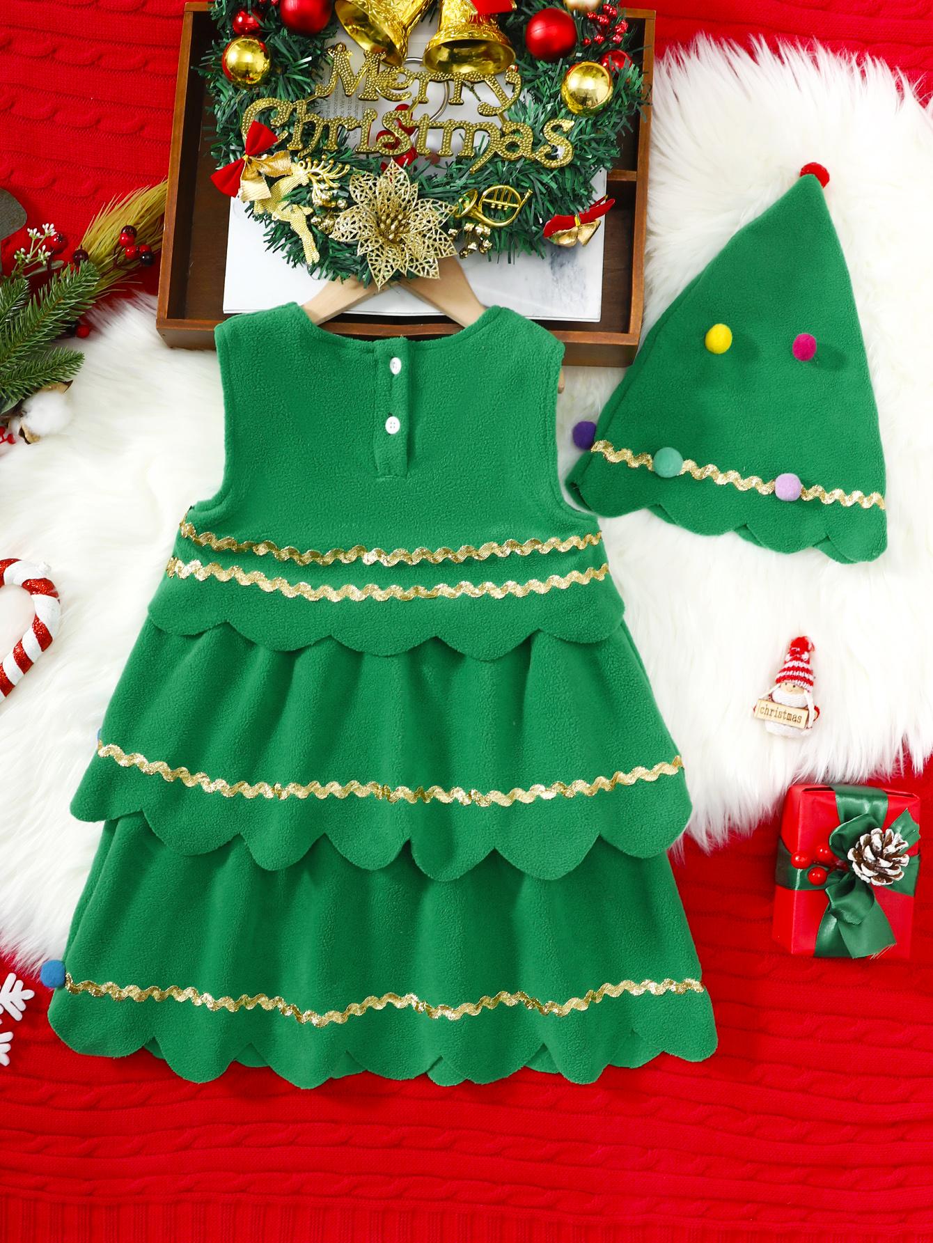 4-7Y Ready Stock  Kid Toddler Girls Fall Winter Dress Sets Christmas Tree Shape Layered Sleeveless Dress With Hat 2Pcs Clothing Green Catpapa 462308163
