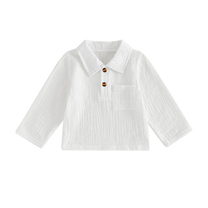 Wholesale 6M-3T Baby Boys Collared Long Sleeve Polo Shirt, Soft Crinkle Gauze Casual Pocket Kids Top