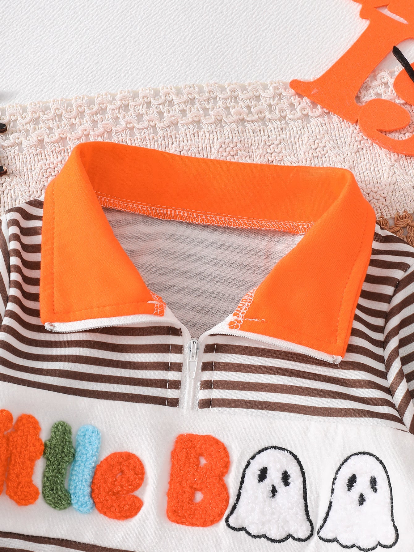 Wholesale 6M-4T Boys Striped Half Zip Polo Sweatshirt, Soft Knit Halloween Ghost Pumpkin Towel Embroidery Long Sleeve Top