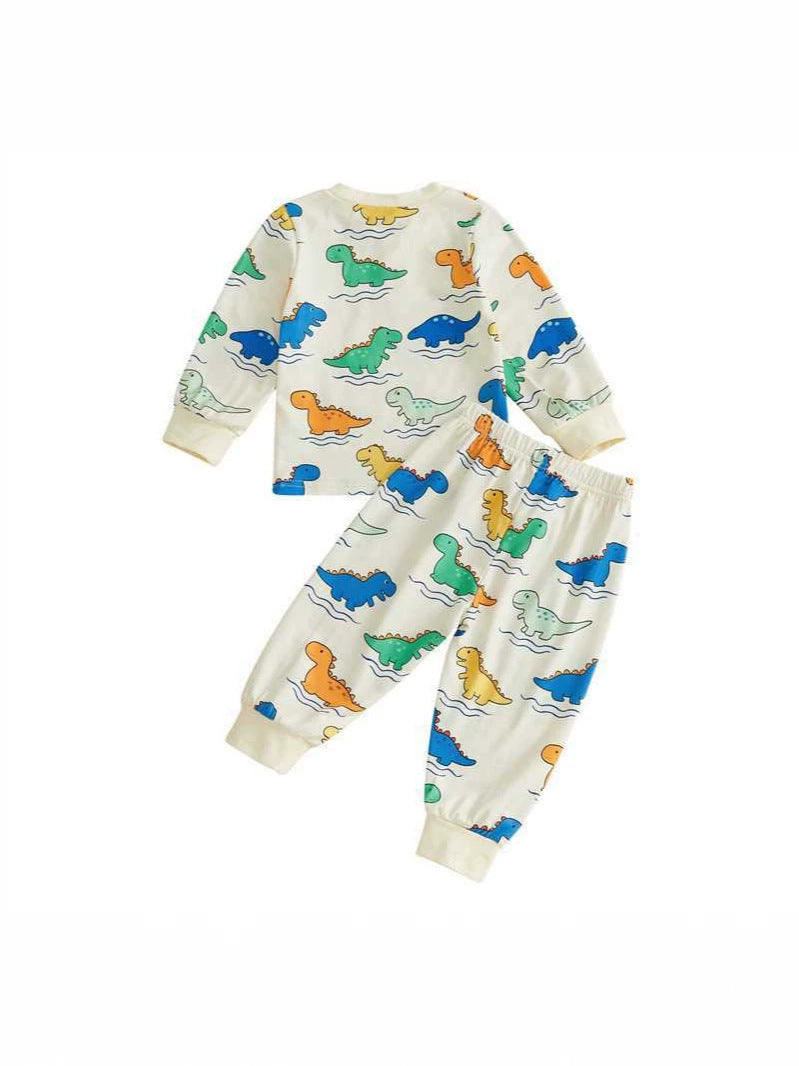 Wholesale 6M-4T Kids 2Pcs Cartoon Print Long Sleeve Pajama Set, Soft Cotton Knit Casual Toddler Top & Jogger Pants Loungewear
