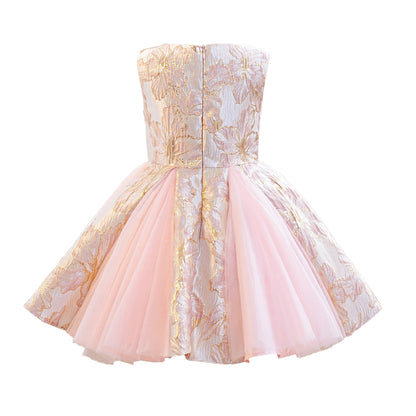 Wholesale 2-10Y Girls Sleeveless Gold Floral Jacquard Tulle Princess Dress, Kids Birthday Party Soft Woven Formal Gown