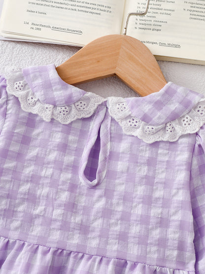 Wholesale 6M-4T Girls 2Pcs Gingham Lace Bow Long Sleeve Pajama Set, Kids Soft Woven Plaid Sweet Loungewear Outfit