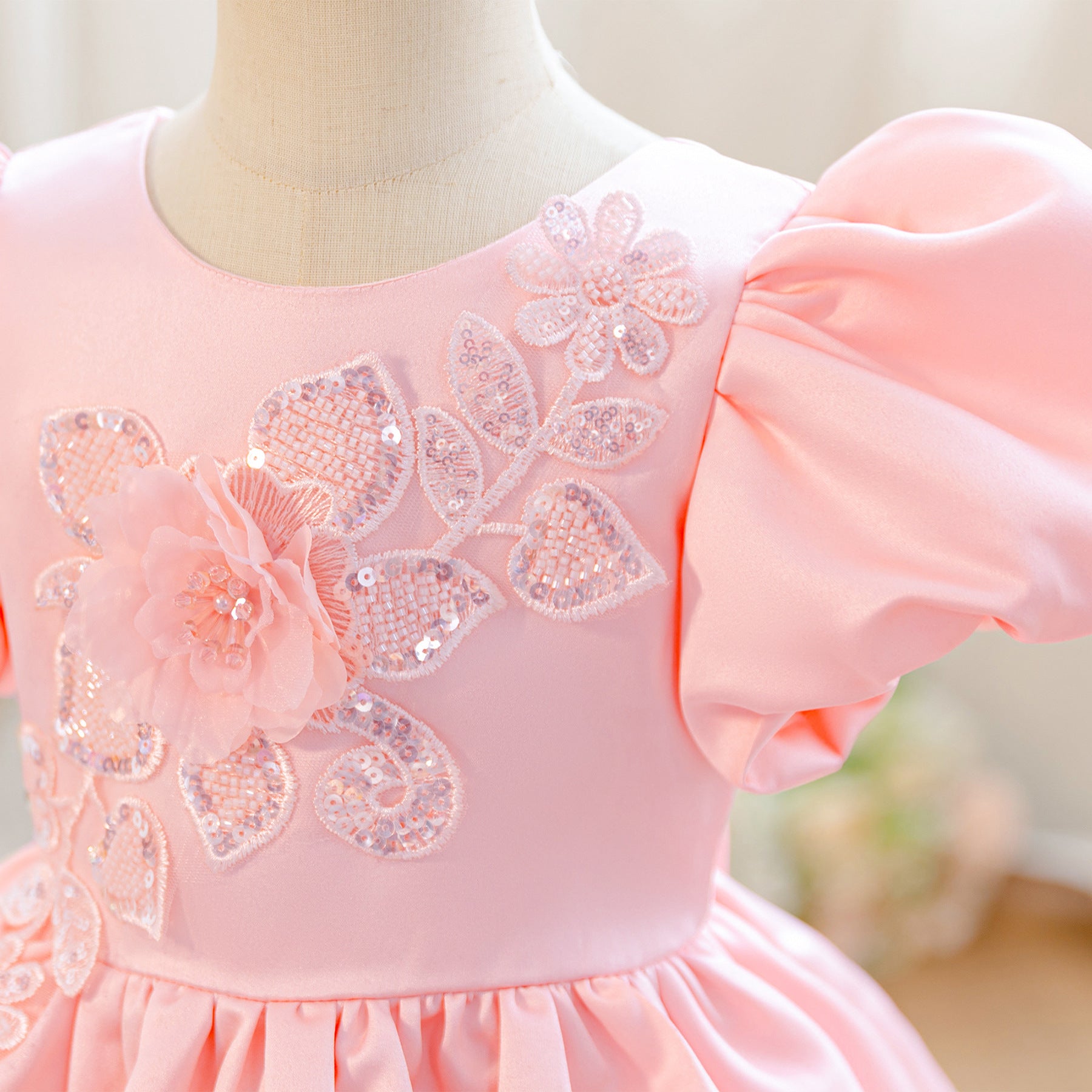Wholesale 2-10Y Girls Puff Sleeve Rhinestone Floral Woven Princess Dress, Kids Birthday Party Soft Woven Formal Gown