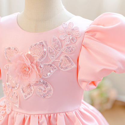 Wholesale 2-10Y Girls Puff Sleeve Rhinestone Floral Woven Princess Dress, Kids Birthday Party Soft Woven Formal Gown
