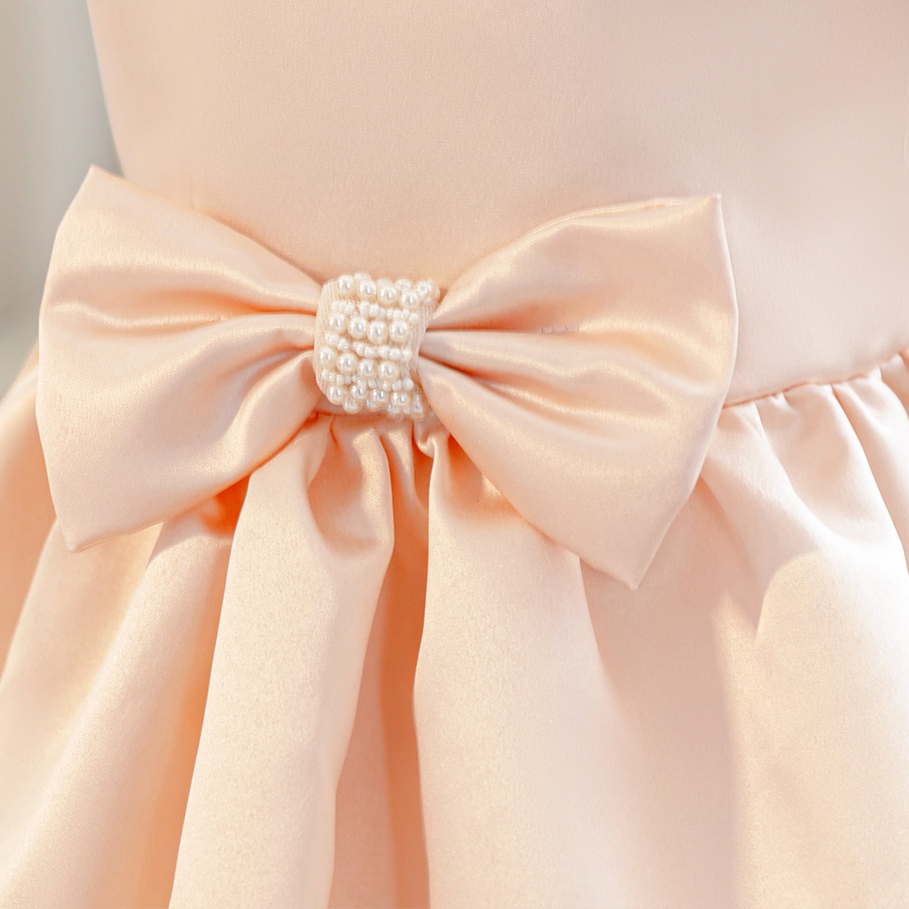 Wholesale 2-10Y Girls Pearl Puff Bow Satin Princess Dress, Kids Birthday Party Soft Satin Formal Gown
