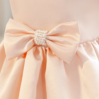 Wholesale 2-10Y Girls Pearl Puff Bow Satin Princess Dress, Kids Birthday Party Soft Satin Formal Gown