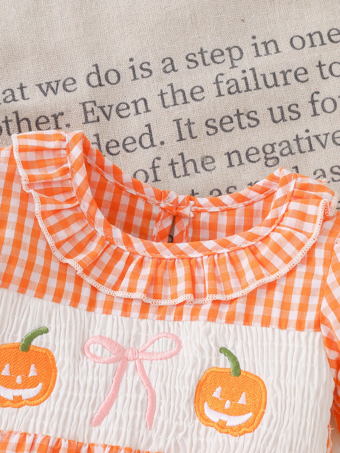 Wholesale 0-18M Baby Girls Ruffle Collar Orange Gingham Pumpkin Embroidery Bodysuit, Soft Woven Halloween Short Sleeve Romper