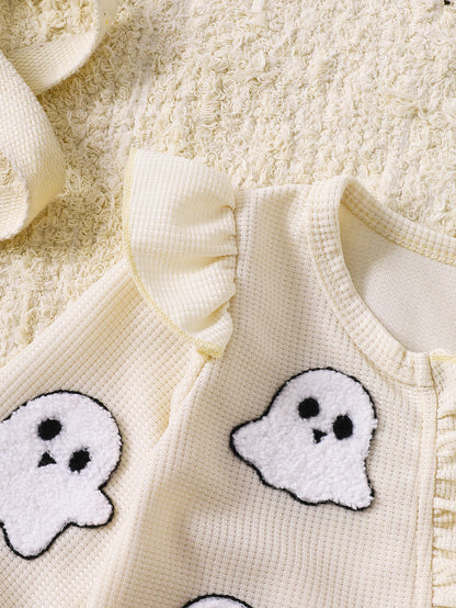 Wholesale 0-18M Baby Girls 2Pcs Ruffle Zipper Halloween Towel Embroidery Jumpsuit Set, Soft Waffle Knit Pumpkin Ghost Romper With Bow Headband
