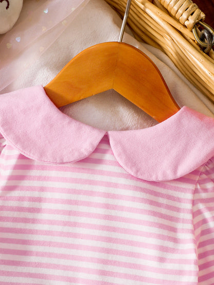 Wholesale 0-18M Baby Girls Striped Peter Pan Collar Long Sleeve Bubble Romper, Soft Cotton Knit Button Front Casual Bodysuit