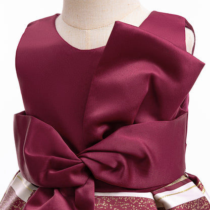 Wholesale 2-10Y Girls Sleeveless Big Bow Striped Jacquard Princess Dress, Kids Birthday Party Soft Woven Formal Gown