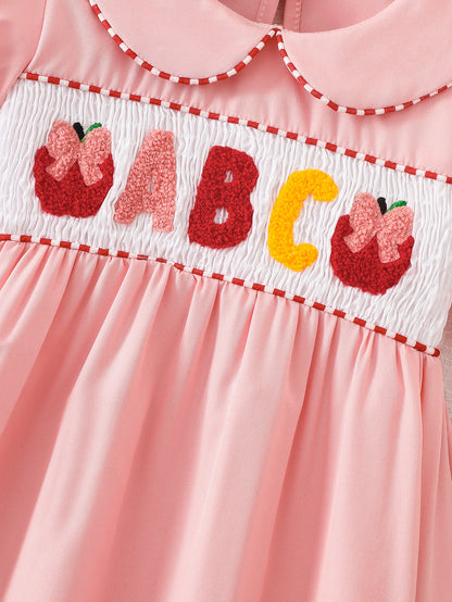 Wholesale 2-7Y Girls Peter Pan Collar ABC Apple Towel Embroidery Woven Dress, Kids Soft Waffle Smocked Back To School Casual Dress