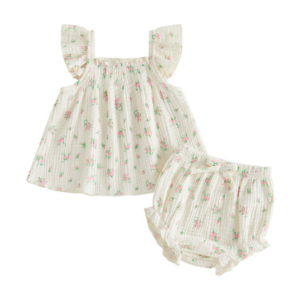 Wholesale 0-18M Baby Girls 2Pcs Floral Smocked Waffle Gauze Outfit Set, Soft Crinkle Sleeveless Cami Top & Bloomer Shorts Set