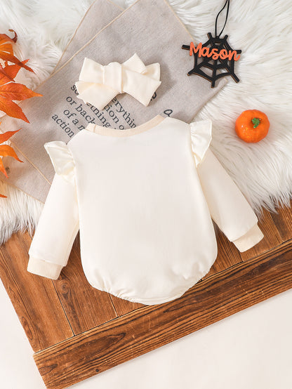 Wholesale 0-18M Baby Girls 2Pcs Ruffle Sleeve Halloween Towel Embroidery Bodysuit Set, Soft Knit Ghost Pumpkin Romper With Bow Headband