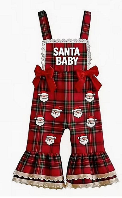 Wholesale 12M-5Y Girls Christmas Plaid Suspender Overalls, Soft Woven Candy Cane Santa Patch Flare Leg Bow Jumpsuit