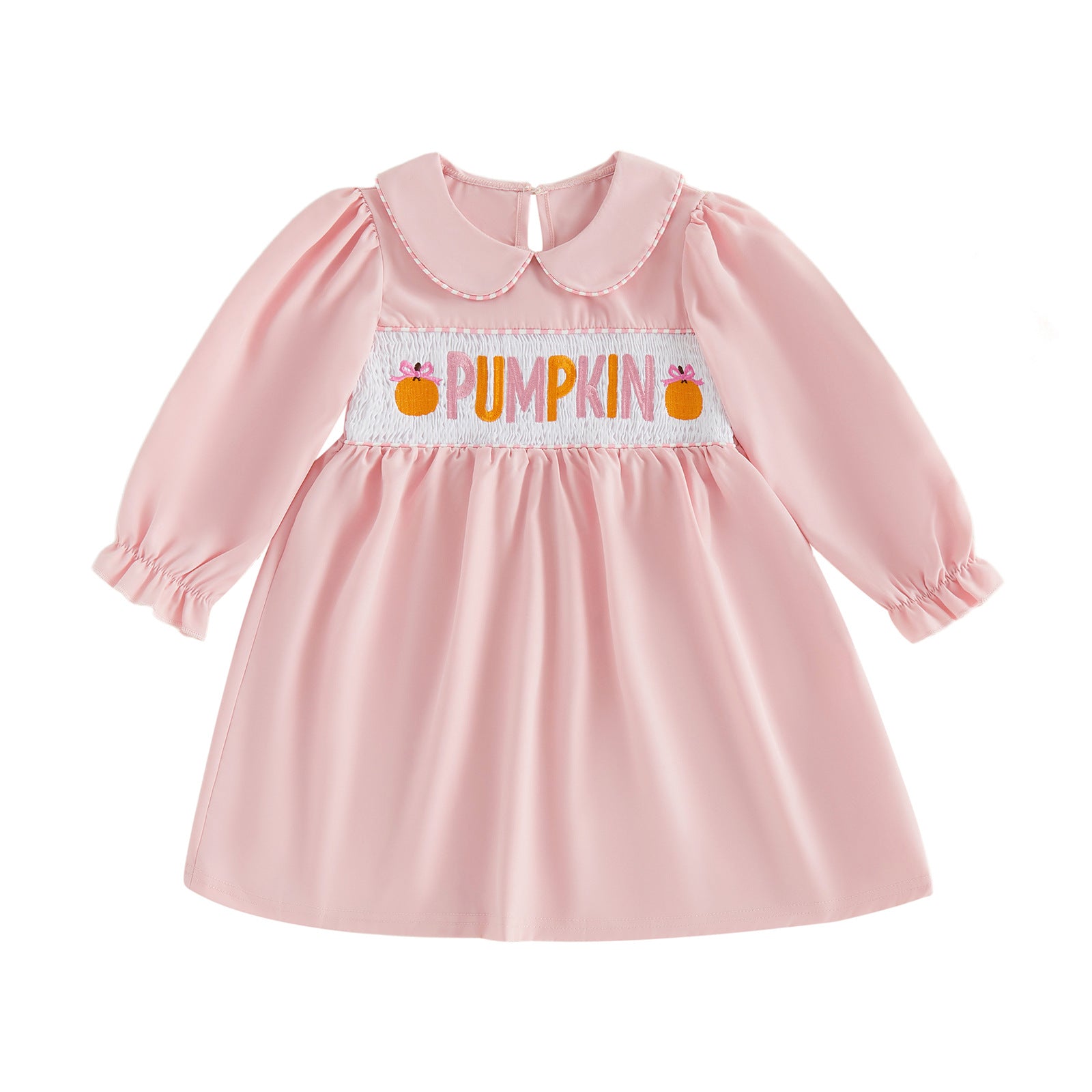Wholesale 18M-6Y Girls Peter Pan Collar Halloween Smocked Embroidery Woven Dress, Kids Soft Long Sleeve Halloween Casual Dress