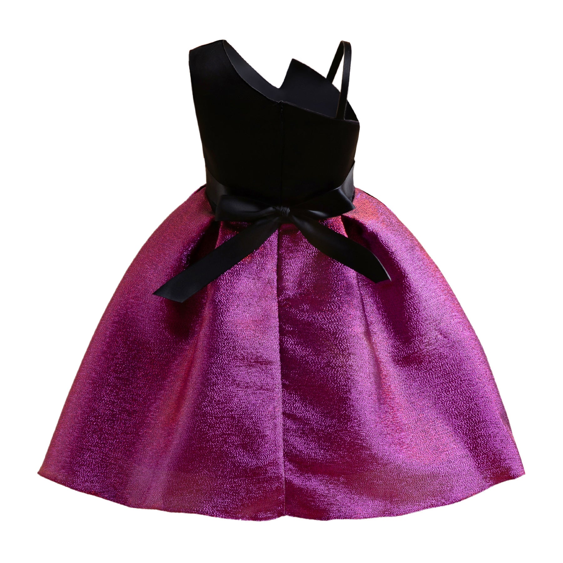 Wholesale 2-10Y Girls Asymmetrical Spaghetti Strap Big Bow Color Block Woven Princess Dress, Kids Birthday Party Soft Shimmer Woven Formal Gown