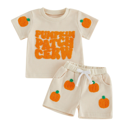 Wholesale 6M-4T Boys 2Pcs Waffle Knit Halloween Towel Embroidery Outfit Set, Kids Soft Thermal Halloween Short Sleeve Top & Shorts Set