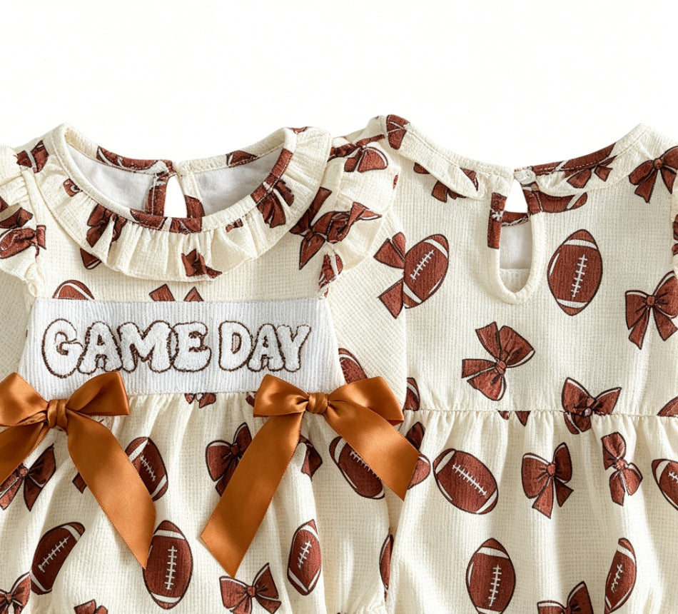 Wholesale 0-18M Baby Girls Ruffle Football Print Waffle Knit Bodysuit, Soft Game Day Long Sleeve Halloween Romper