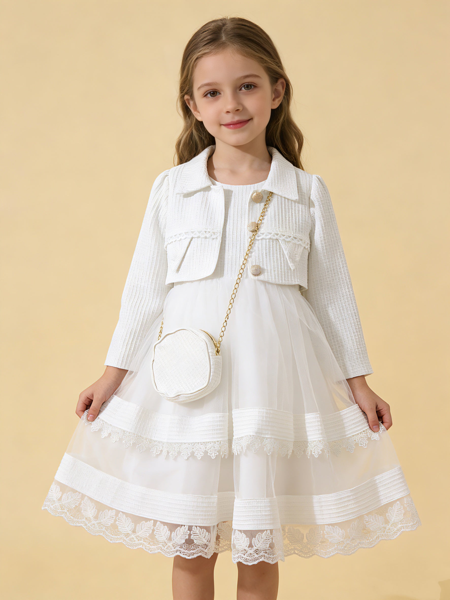 Wholesale 5-10Y Girls 3Pcs Waffle Lace Tiered Tulle Princess Dress Set, Kids Birthday Party Lapel Jacket Soft Fabric Formal Outfit With Mini Chain Bag