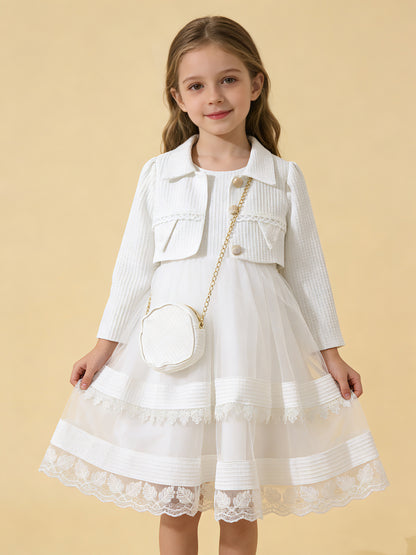 Wholesale 5-10Y Girls 3Pcs Waffle Lace Tiered Tulle Princess Dress Set, Kids Birthday Party Lapel Jacket Soft Fabric Formal Outfit With Mini Chain Bag