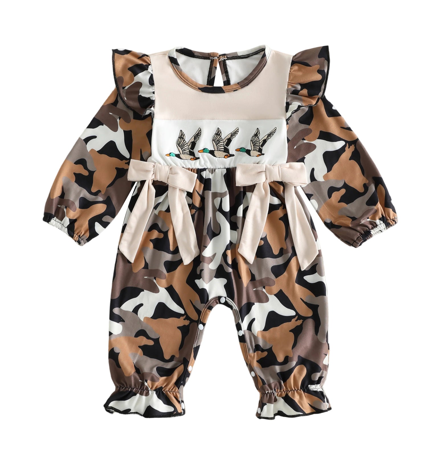 Wholesale 0-18M Baby Girls Duck Embroidery Flutter Sleeve Long Sleeve Jumpsuit, Soft Stretch Printed Casual Baby Bodysuit