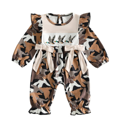 Wholesale 0-18M Baby Girls Duck Embroidery Flutter Sleeve Long Sleeve Jumpsuit, Soft Stretch Printed Casual Baby Bodysuit