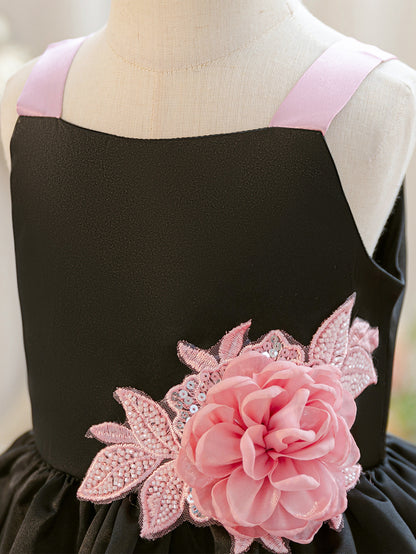 Wholesale 2-10Y Girls Spaghetti Strap 3D Rose Woven Tulle Princess Dress, Kids Birthday Party Rhinestone Applique Soft Fabric Formal Gown