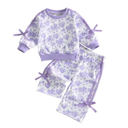 Wholesale 6M-4T Girls 2Pcs Floral Bow Stripe Sweatshirt Outfit Set, Soft Cotton Knit Raglan Sleeve Top & Straight Leg Pants